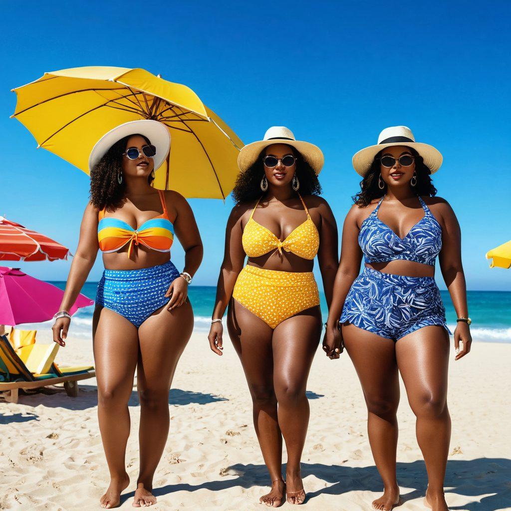A stylish summer fashion scene featuring diverse curvy models showcasing a variety of clothing styles, from colorful two-piece swimsuits to elegant intimate wear. The setting has a beach vibe with sun hats, sunglasses, and vibrant beach umbrellas, emphasizing confidence and body positivity. The background includes a sunny sky with light waves, creating a cheerful atmosphere. super-realistic. vibrant colors. sunny beach setting.