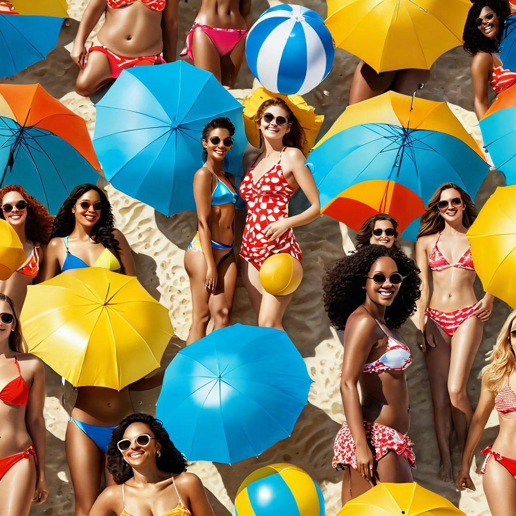 A diverse group of confident individuals of different body types, wearing vibrant and stylish beachwear, joyfully enjoying a sunny beach setting. Emphasize a lively atmosphere with bright umbrellas, beach balls, and playful waves. Incorporate a clear blue sky and golden sand to enhance the inviting beach scene. super-realistic. vivid colors. summer vibe.
