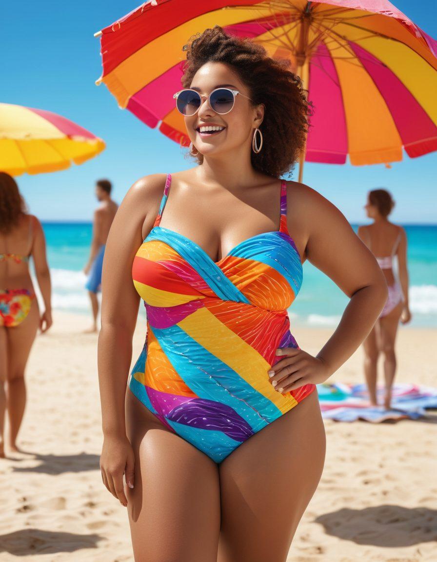 A confident curvy woman joyfully wearing a vibrant swimsuit at a sunny beach, surrounded by diverse groups of people enjoying summer activities. Include colorful beach towels, umbrellas, and a clear blue ocean in the background. The scene is lively and full of energy, showcasing various body types enjoying the sun. Emphasize positivity and body confidence. bright colors. sunny atmosphere. 3D.